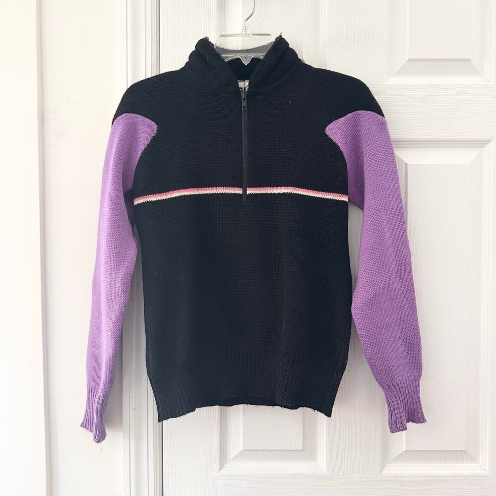 Obermeyer Sascha Vintage Wool Black Purple Stripe Quarter Zip Ski Sweater Large